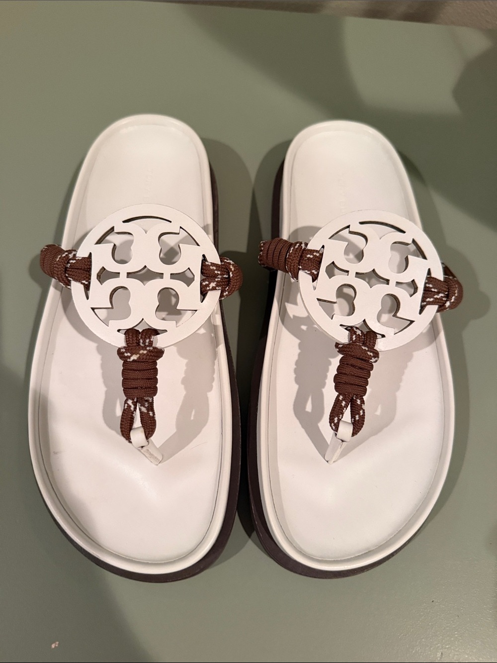 Tory Burch White Footbed Sandals with Brown Braided Straps and Logo